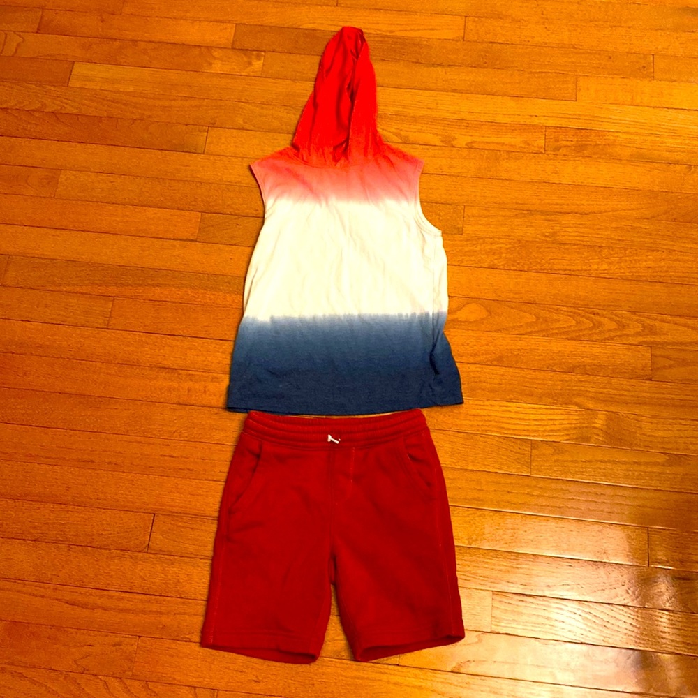 4th of July Summer Set. Sleeveless hoodie and shorts. Size Small 6/7